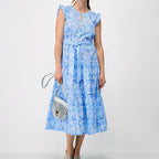 Women's blue paisley midi dress with ruffled cap sleeves