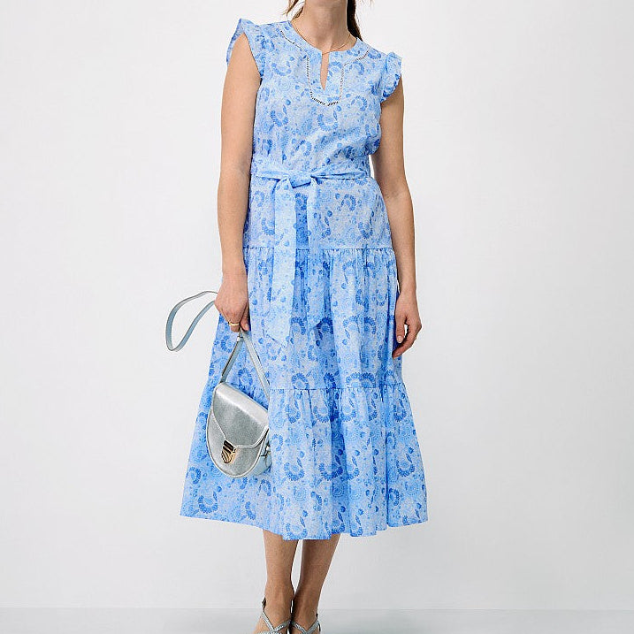 Women's blue paisley midi dress with ruffled cap sleeves
