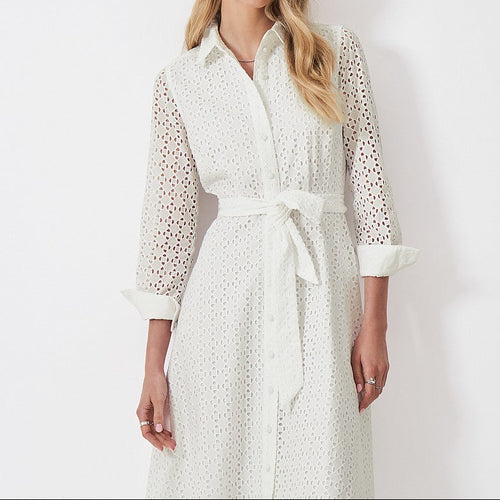 Women's geometric eyelet midi shirt dress