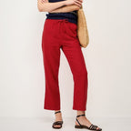 Women's red linen drawstring cropped trousers