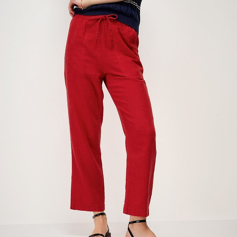 Women's red linen drawstring cropped trousers