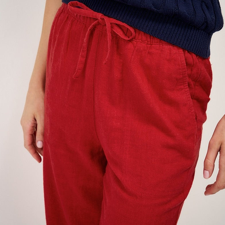 Women's red linen drawstring cropped trousers