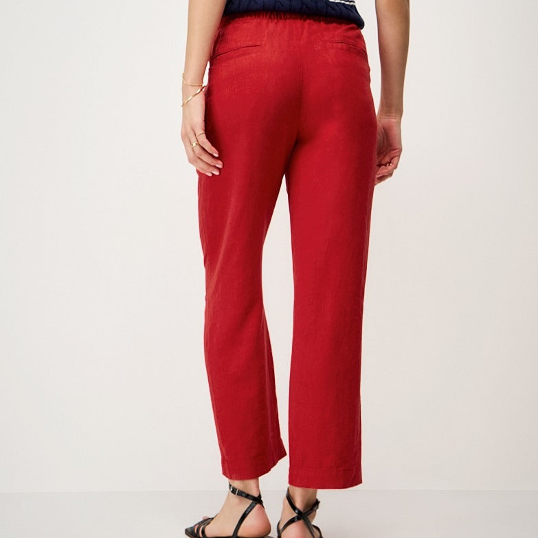 Women's red linen drawstring cropped trousers