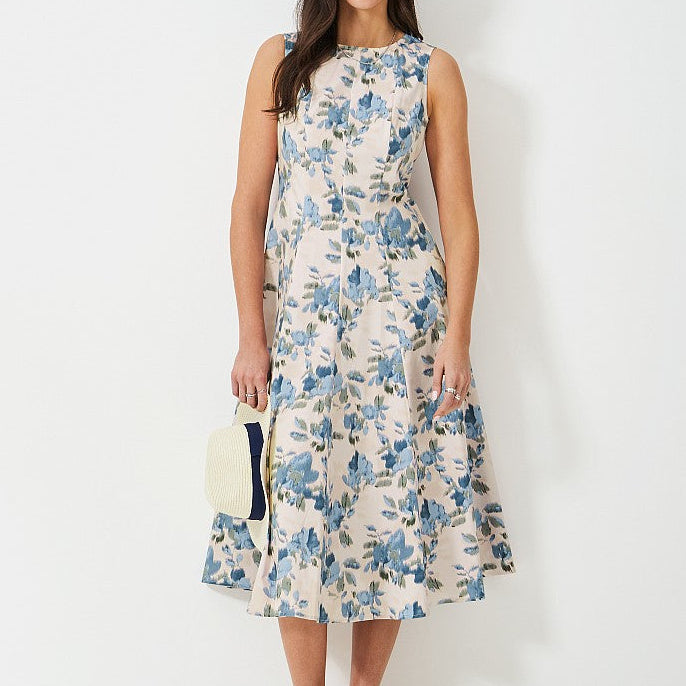 Women's sleeveless midi dress with fitted waist