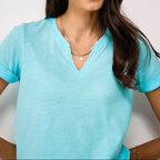 Women's turquoise v neck T-shirt with rolled cuffs